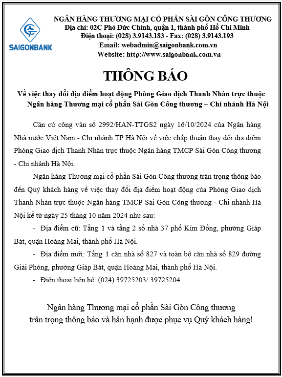 Thông báo về việc thay đổi địa điểm Phòng Giao dịch Thanh Nhàn - Chi nhánh Hà Nội