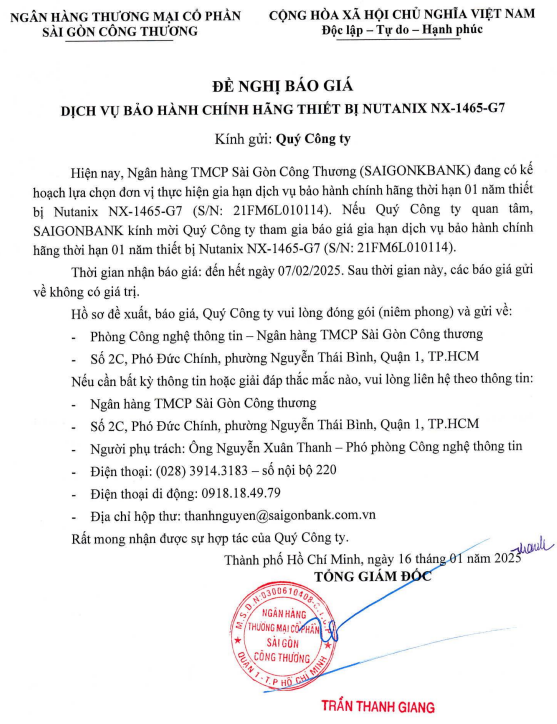 ĐỀ NGHỊ BÁO GIÁ DỊCH VỤ BẢO HÀNH CHÍNH HÃNG THIẾT BỊ NUTANIX NX-1465-G7